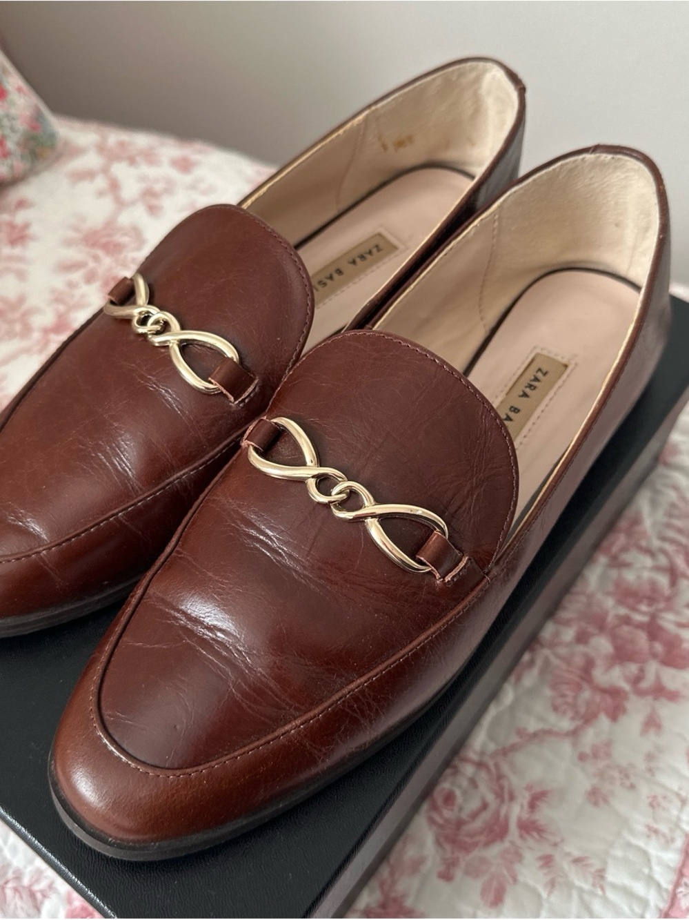 zara brown leather loafers with gold buckle size 38/7.5